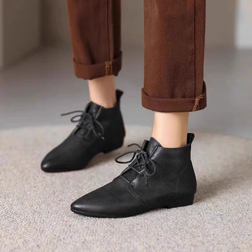 Xajzpa Women's Ankle Boots Solid Color Leather 2026 Autumn Fashion Pointed Toe Lace-up Flat Boots for Women Casual Retro Sewing Shoes